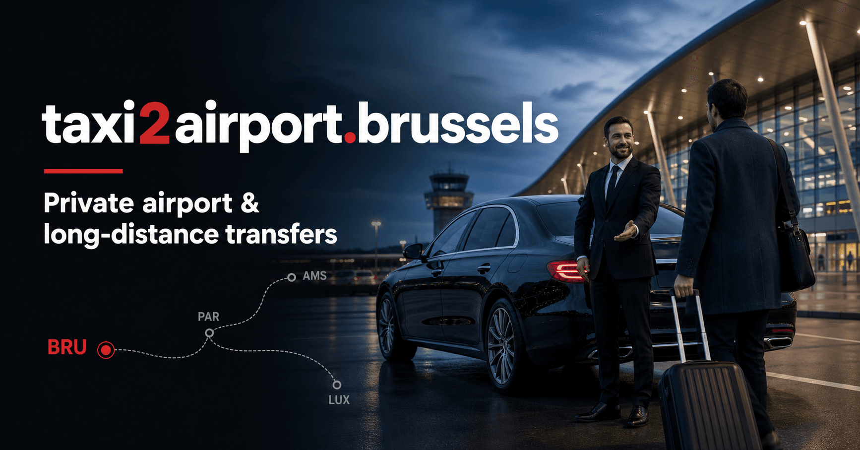 A private driver welcoming a passenger outside an airport terminal